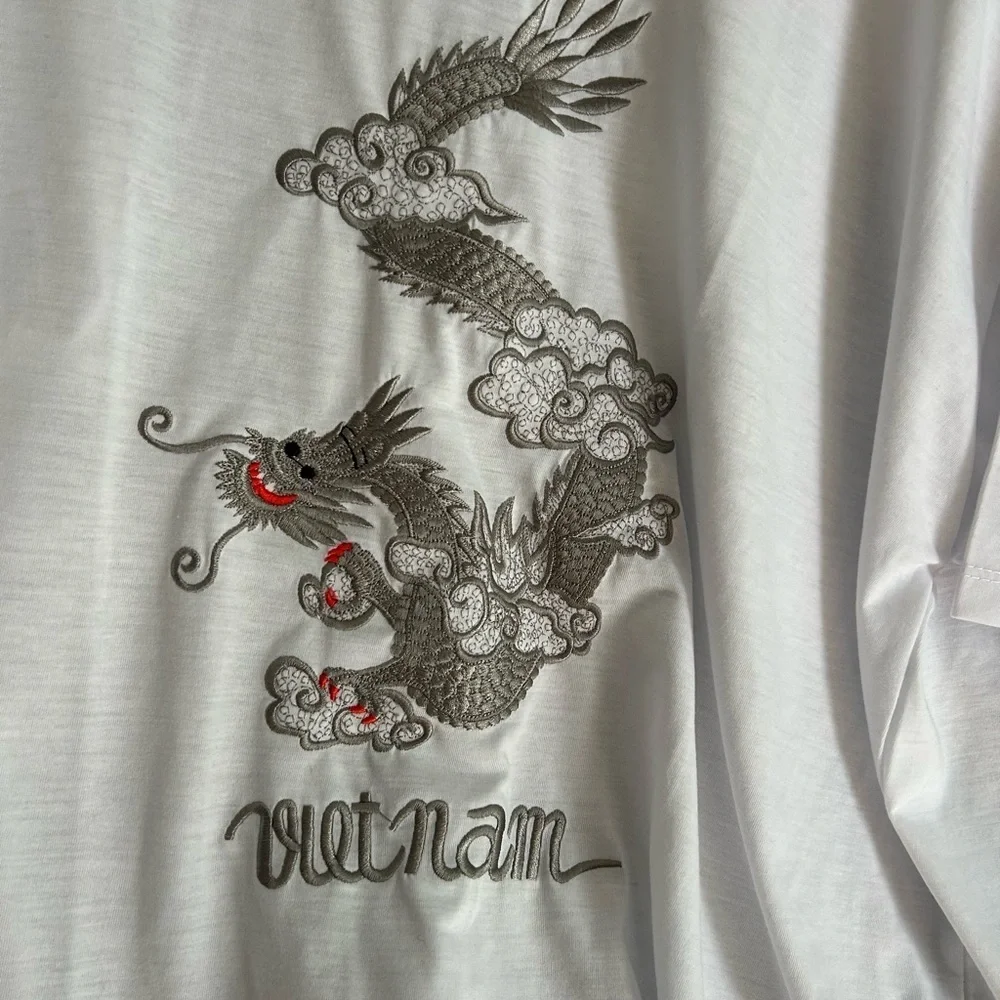 Vietnam Dragon Embroidered T-Shirt White Cotton Graphic Tee Men’s 3XL Travel - Picture 4 of 11